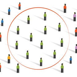 Image of people wearing different colored shirts with a lot of people wearing green shirts in the middle separated from the rest with a red circle surrounding them.