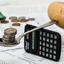 fork on a calculator balancing a potato and some coins