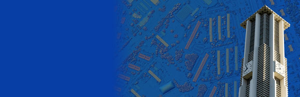 The UCR tower in front of a background of a geospatial map