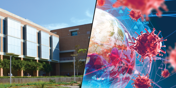 Banner image of CHASS Interdisciplinary Building South and coronavirus stock image